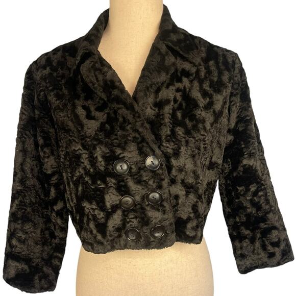 Vintage 60's Glentex Cropped Button Front Faux Fur Jacket Black Small - Picture 1 of 6